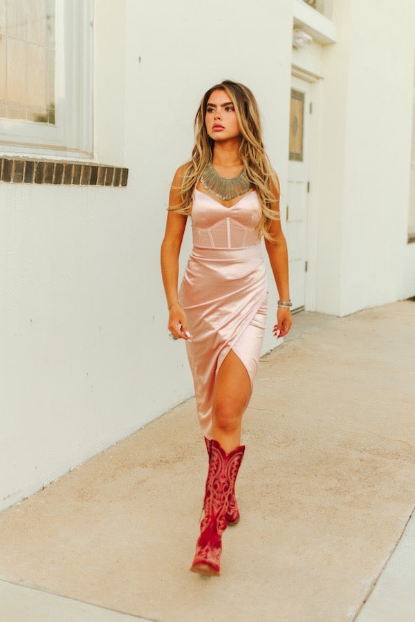 Soft Pink Satin Corset Front Slit Dress