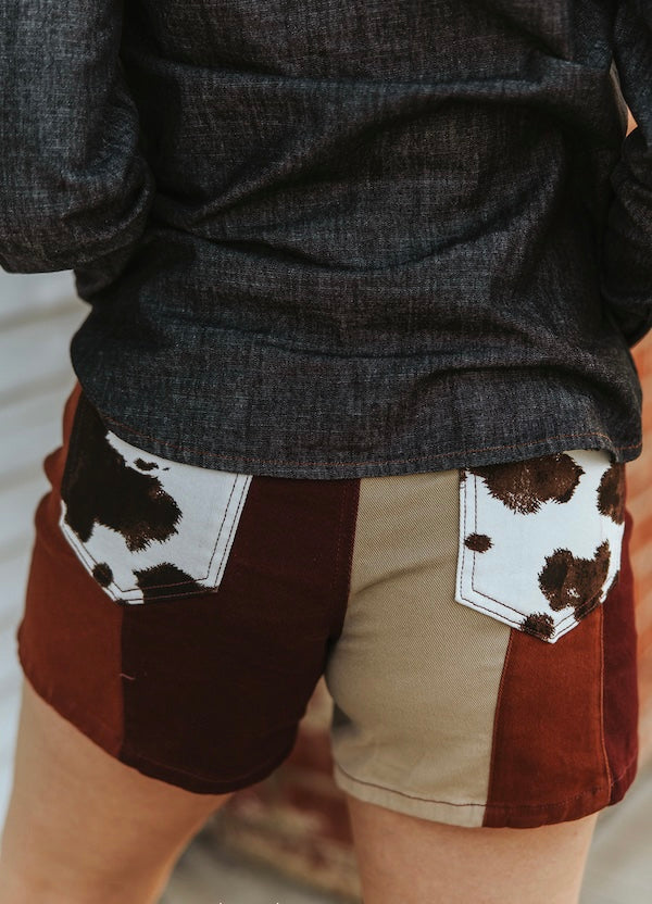 Brown Patchwork Cowhide High Rise Wide Leg Shorts (5in Inseam)