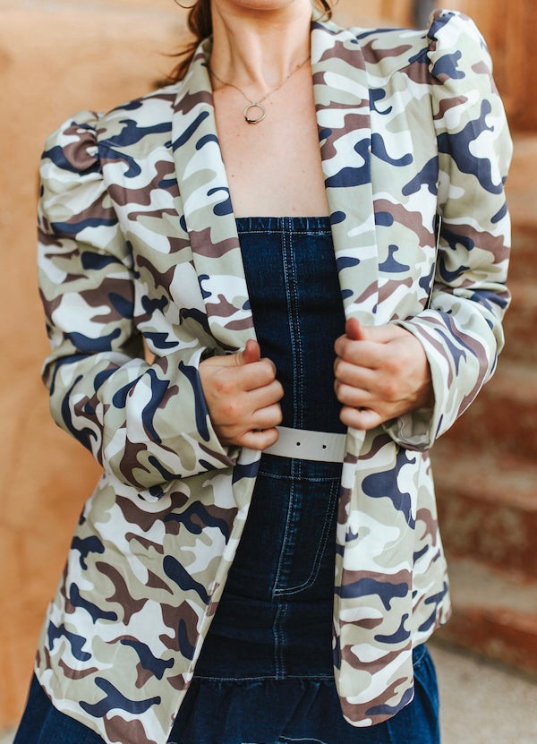 Camo Printed Puff Long Sleeve Blazer