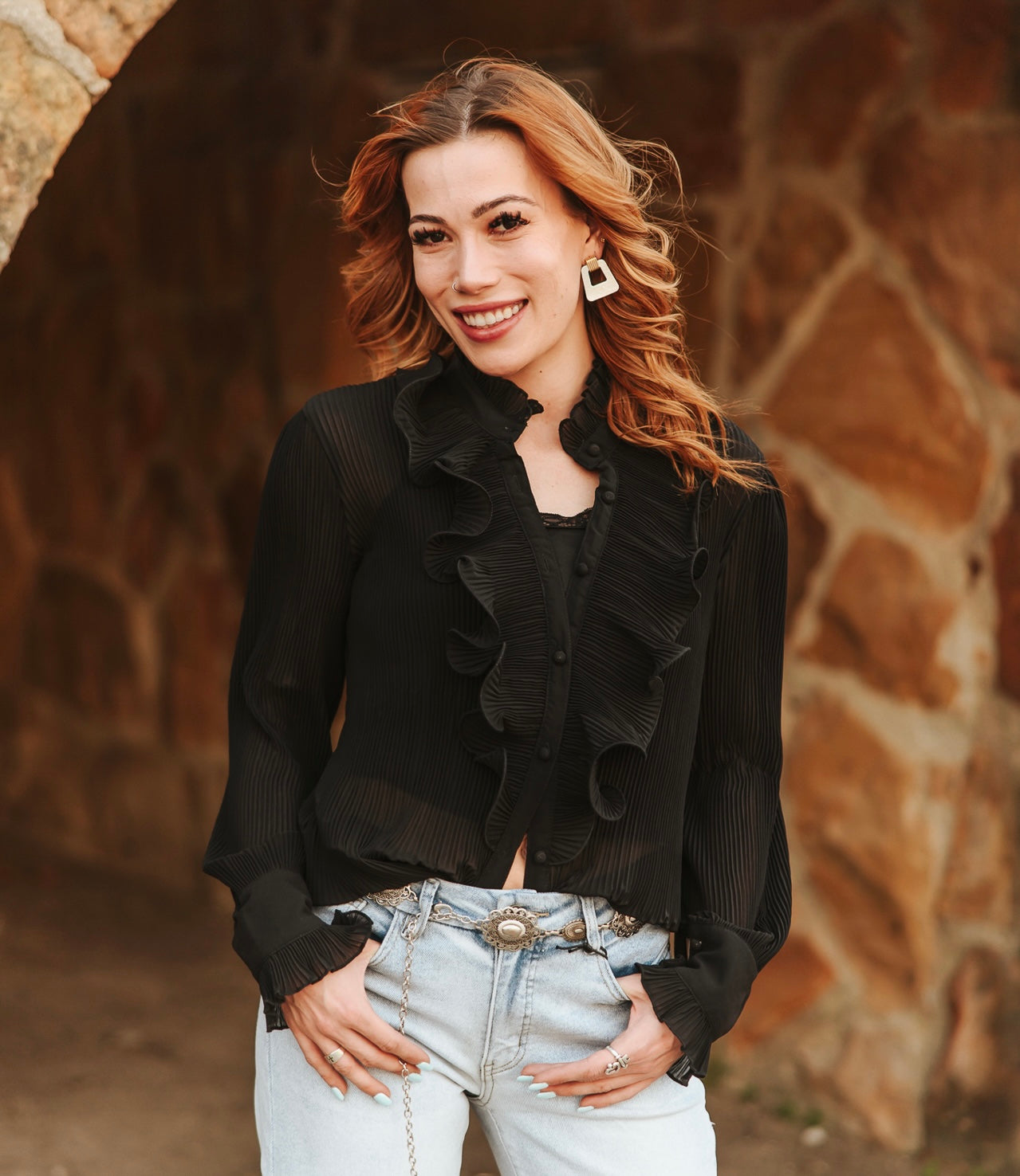 Black Sheer long Sleeve Ruffle Front Blouse