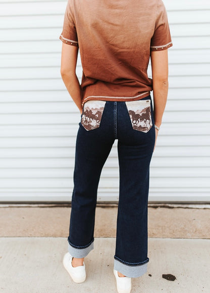 Dark Wash Vintage Horse Printed Back Pocket Studded Trim Detail Jeans (28in Inseam)