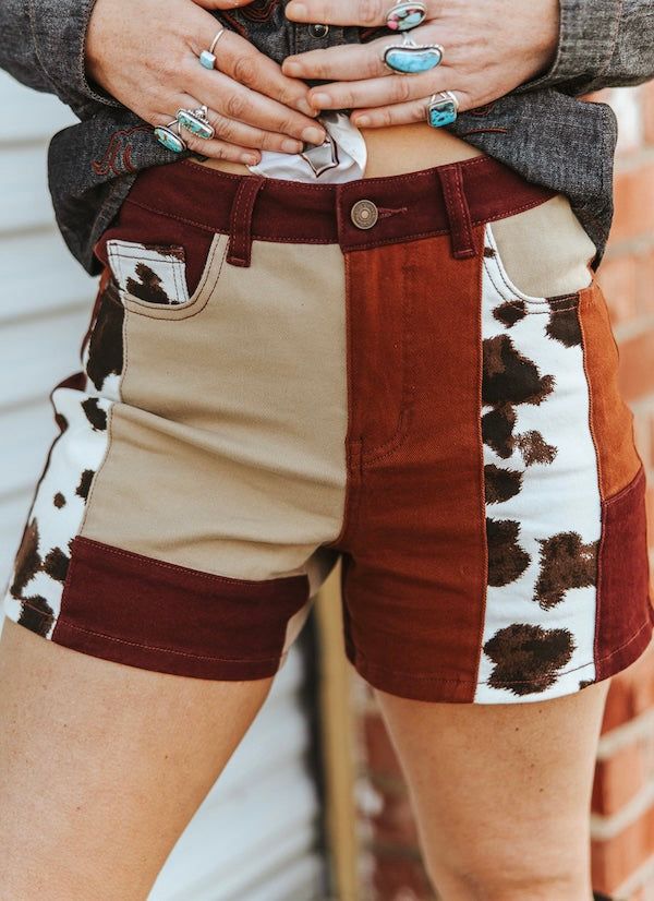 Brown Patchwork Cowhide High Rise Wide Leg Shorts (5in Inseam)