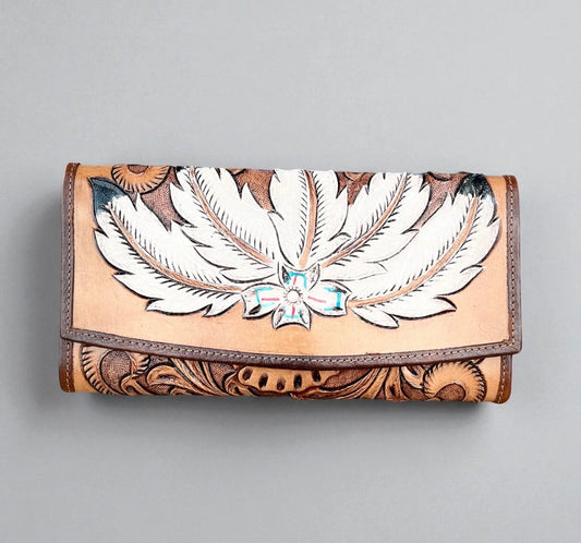 Tan Feathers Tooled Leather Wallet