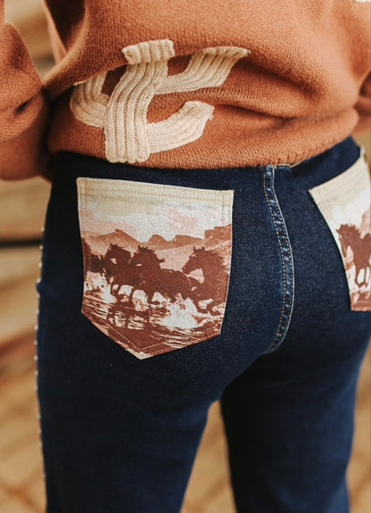 Dark Wash Vintage Horse Printed Back Pocket Studded Trim Detail Jeans (28in Inseam)