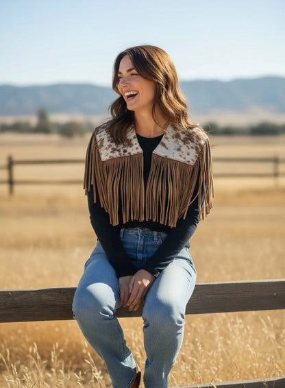 Tan Cowhide Fringe Capelet