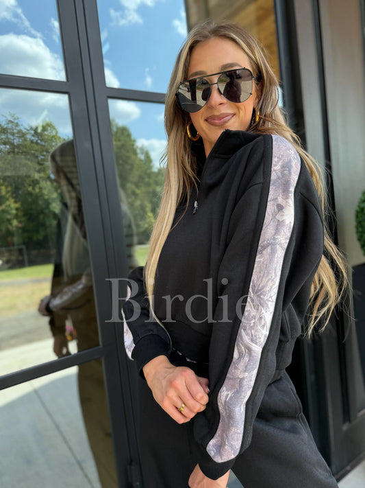 PREORDER Two Piece Black Set with Dark Camo Stripe (Sold as Set)