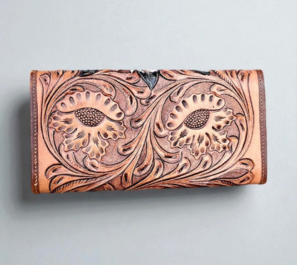 Tan Feathers Tooled Leather Wallet