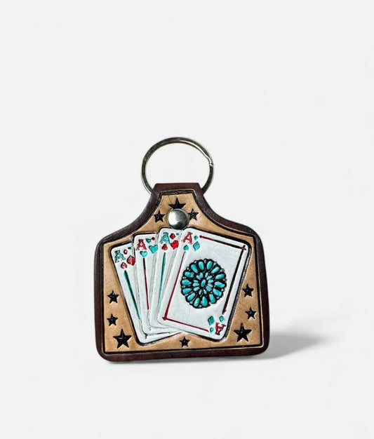 Aces Tooled Leather Keychain