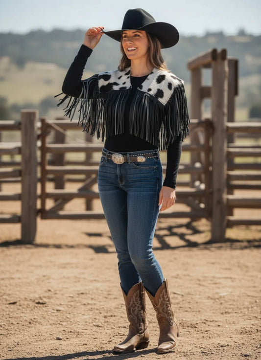 Black Cowhide Fringe Capelet