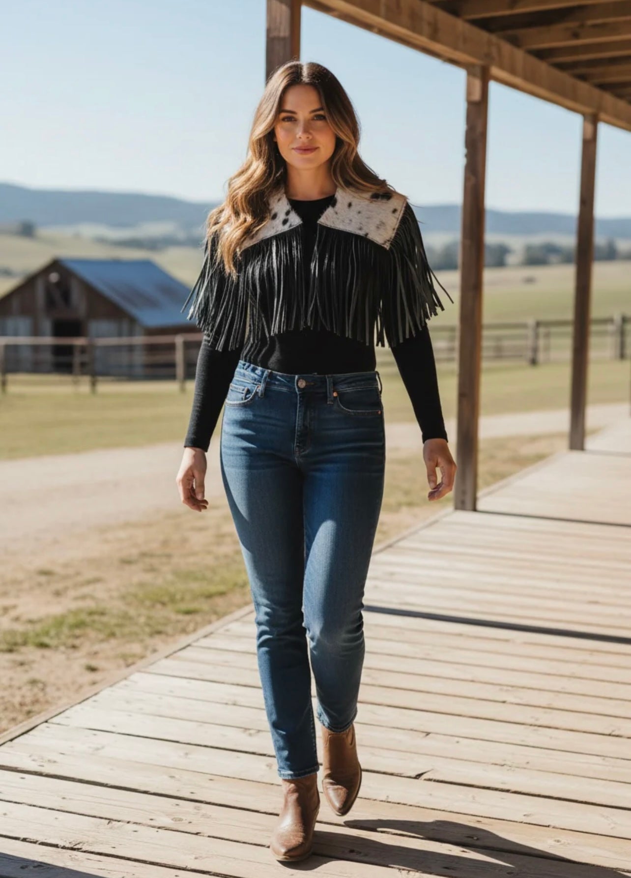 Black Cowhide Fringe Capelet