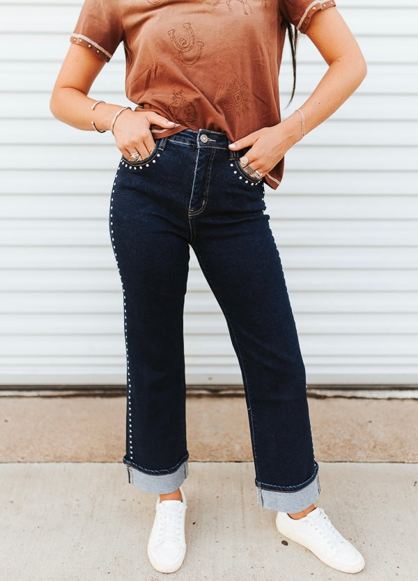 Dark Wash Vintage Horse Printed Back Pocket Studded Trim Detail Jeans (28in Inseam)