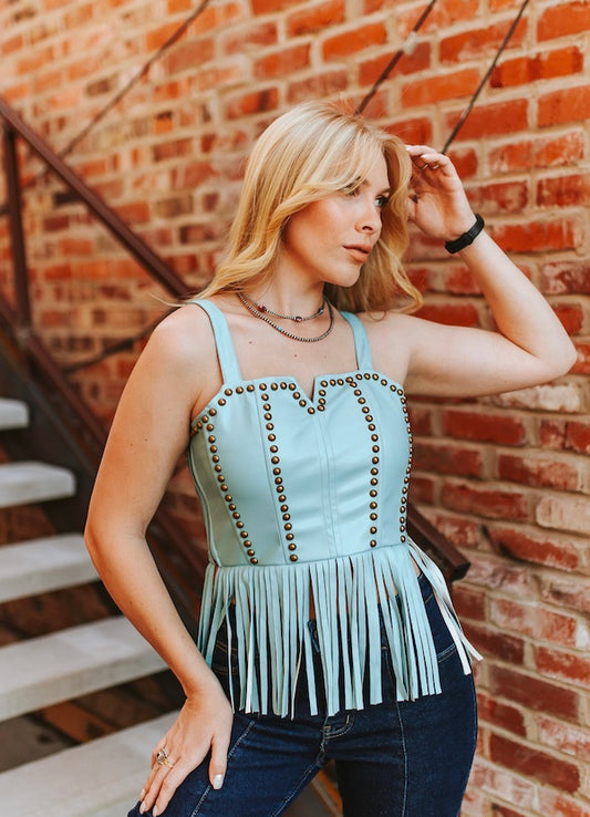 Turquoise Leather Vintage Studded Fringe Hem Thick Strap Corset Top