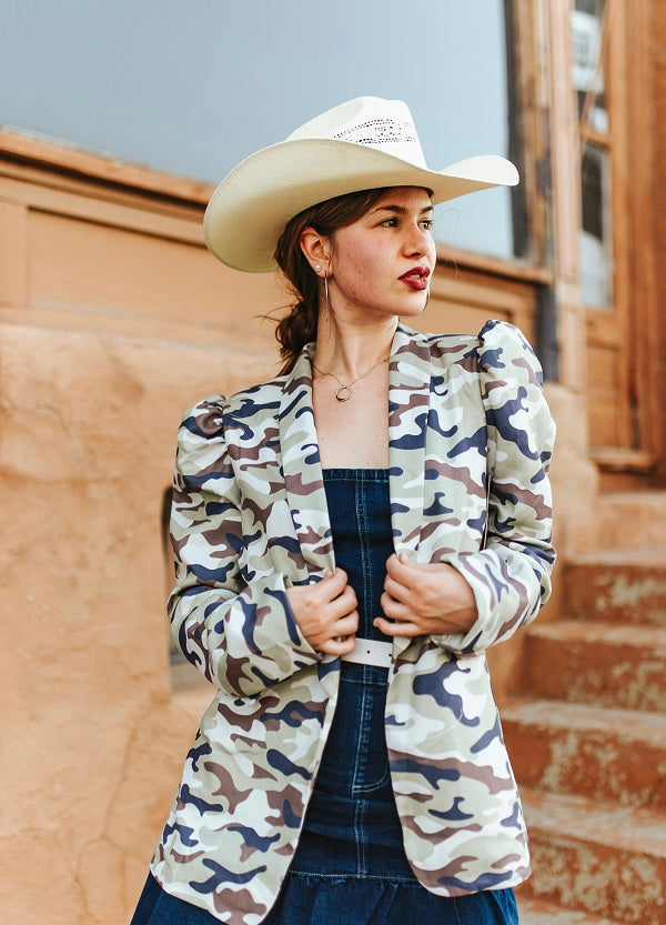 Camo Printed Puff Long Sleeve Blazer