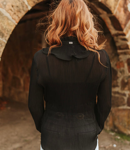 Black Sheer long Sleeve Ruffle Front Blouse