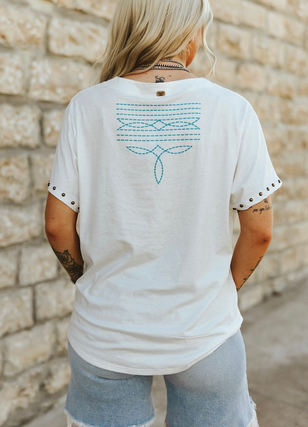 Ivory Rodeo Cowgirl Printed Studded Short Sleeve Top