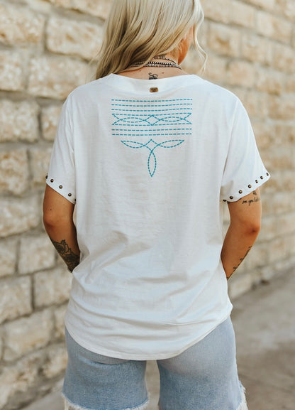 Ivory Rodeo Cowgirl Printed Studded Short Sleeve Top