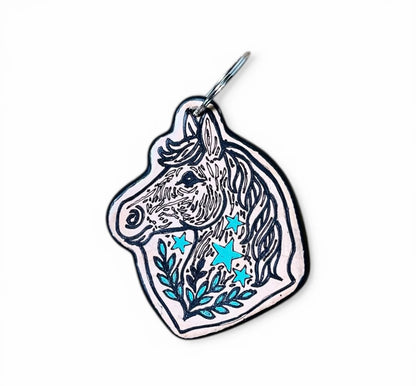 Horse Tooled Leather & Cowhide Keychain