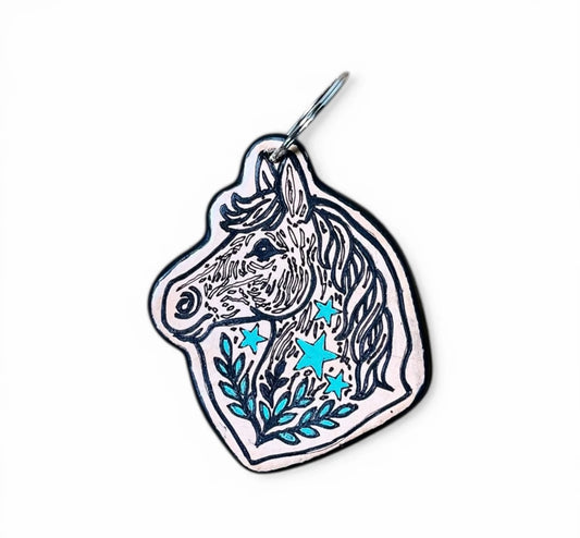 Horse Tooled Leather & Cowhide Keychain